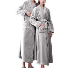 Women's Terry Cloth Flannel Bathrobe Grey Double Pockets
