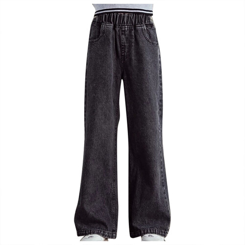 Girls' Black Denim Long Pants with Pockets and Adjustable