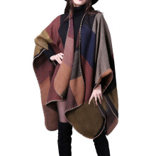 Women's Plaid Shawl Wrap Poncho Cardigan Khaki
