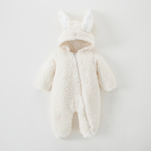 Baby Flannel Easter Romper with 3D Rabbit Ears and Hood