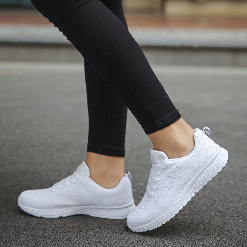 Women's mesh cross-strap flat sneakers white 1