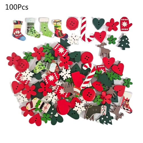Wooden Christmas Buttons Assorted 100 Pcs