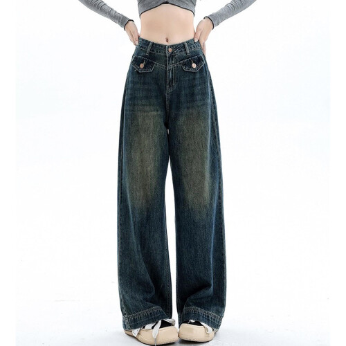 Højtaljede, vide, mørkeblå denimjeans til kvinder