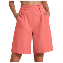 Shorts femininos casuais de cintura alta, pernas largas e pregas.