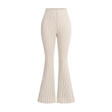 Girls Knit Flare Pants Beige Solid Stretchy High Waist Bell