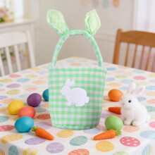 Karymi Checkered Bunny Ear Easter Basket with Handles – Candy, Egg, Gift Storage, Party Favor Bag (Pink/Yellow/Purple/Blue/Green) – Compatible
