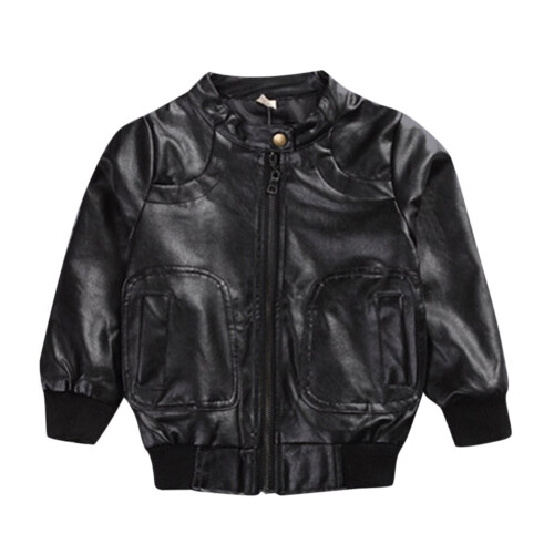 Kids PU Leather Jacket Windproof Black Size 120cm 2