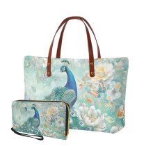 Peacock Butterfly Flower Print 2-Piece Purse & Wallet Set for Women – Lightweight PU Satchel & Top-Handle Work Bag, Compatible with Office Use
