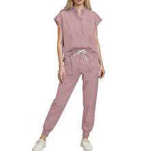 Women's Jogger Scrubs Top Pink V-Neck Short Sleeve L