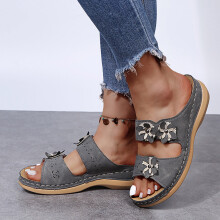 Symoid Women's Comfort Slide Sandals – Roman Open Toe Wedge with Flower, Wide Width, Dark Gray, Size 9.5, compatible with Symoid