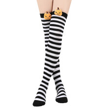SYMOID Womens White Hall-oween Over-the-Knee Socks - Striped with Pumpkin Accent, 100% Polyester, Free Size for Costume/Party,Size Free Size