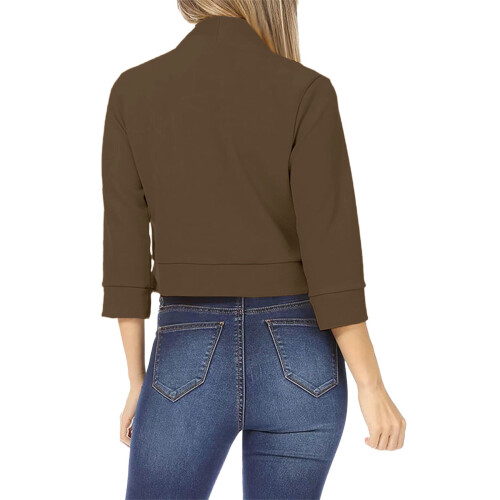 Women's Cropped Blazer Collarless Open Front Coffee XL 2