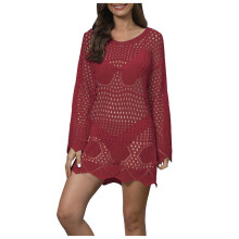 Women's Crochet Swim Cover-Up Long Sleeve Beach Dress