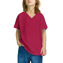 Girls Short Sleeve V-Neck Solid Top Soft Comfy Hot Pink 3-4