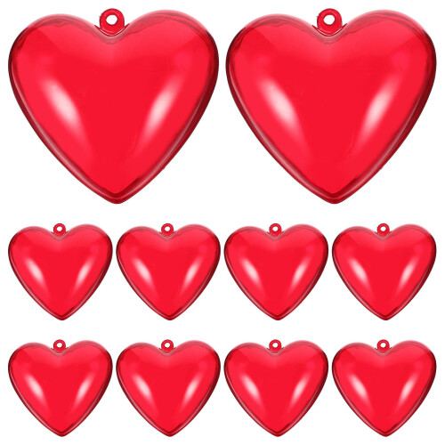 Fillable Heart Ornament Balls Red Plastic 10 pcs