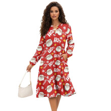 Kerstjurk voor dames met kerstmanprint, zak en elastische taille