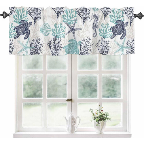Nautical Kitchen Curtain Valance Sea Turtle Coral Design