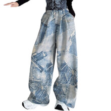 Girls Baggy Jeans Star Patchwork High Waist Wide Leg Blue