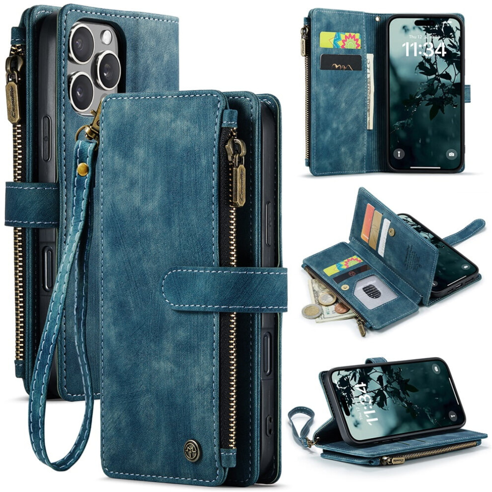 Caseme Iphone 16 Pro Wallet Case Pu Leather Blue 974856043675