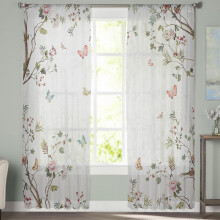 Sheer Curtains Spring Floral Butterfly Tree Design Voile
