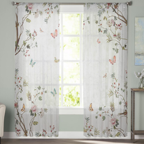 Sheer Curtains Spring Floral Butterfly Tree Design Voile
