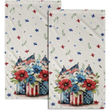 American Patriotic Floral Hand Towel Red Flower Vase 2-Pack