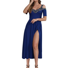 Women's Elegant Formal Maxi Dresses Short Sleeve V Neck Cold Shoulder Pleated High Slit Wedding Guest Cocktail Dress