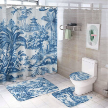 4-Pc Blue Palm Tree Shower Curtain Set w/ Rug, Lid Cover & Non-Slip U-Shaped Mat – Tropical Bathroom Decor