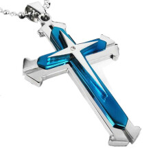 Cross Pendant Necklace Unisex Stainless Steel Blue Silver
