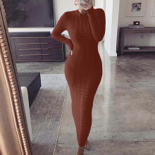 symoid Maxi Dress for Women- Fashion O-neck Solid Hemp Flowers Knitting Long Sleeves Dress Wine XL