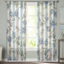 Sheer Curtains Retro Blue White Flowers Grey Stripe 52x84