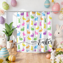 Easter No-Drill Bath Curtain, 70.87x47.24in, Waterproof & Mildew-Resistant, Festive Rabbit/Egg Print, 12 Hooks Included, Easy Hang