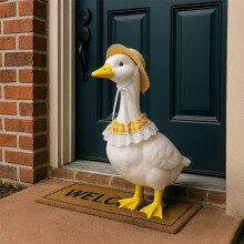 Spring/Summer Farmhouse Porch Goose Wreath – Grass Hat & Sunglasses, White/Yellow Decor Set, Compatible with Outdoor Yard & Garden Accents
