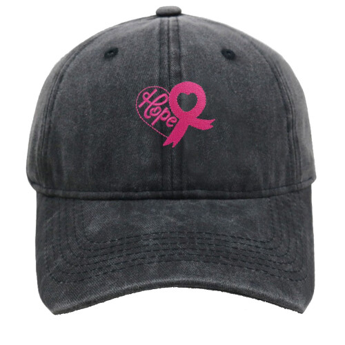 Pink Ribbon Embroidered Denim Hat Unisex Black Adjustable