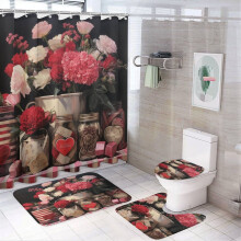 4-Pc Shower Curtain Set w/ Mason Jars & Flowers, Non-Slip Rug, Toilet Lid Cover & Bath Mat – 72"x72", Valentine's Bathroom Decor