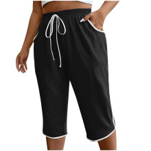 Women's Sexy Solid Color Sports Casual Cropped Pants, Summer Cotton Linen Loose Trousers for Active Wear, Comfortable and Stretchy,Black S