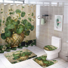 4-Pc Polka Dot & Four Leaf Clover Shower Set w/ Waterproof Curtain, Non-Slip Rug, Toilet Lid Cover & Bath Mat – Compatible with Happy Shamrock