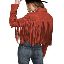Women's Orange Faux Suede Fringe Cropped Motorcycle Jacket