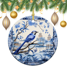 Blue and White Bird Christmas Ornament Vintage Chinoiserie