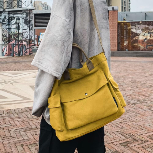 Τσάντα tote από καμβά με τσέπες 1 τεμάχιο 2