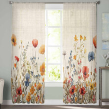 Sheer Curtains Yellow Red Poppy Watercolor Linen Voile