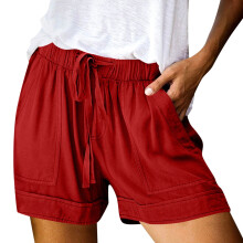 Shorts de praia femininos com cintura elástica, vermelho, tamanho P.