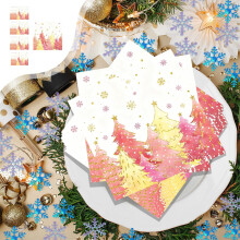 Conjunto de 20 pratos e copos de papel com estampa de floco de neve e árvore de Natal rosa.