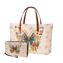 Abstract Butterfly Tropical Floral Top-Handle Satchel Set of 2 for Women – Large Tote + PU Cash Wallet, Compatible with Hiking & Shopping