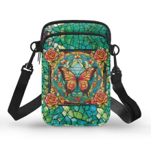 Adjustable Shoulder Strap Crossbody Bag Polyester Double Deck Stained-Glass Butterfly for Travel, Outdoor and Daily Use Adults