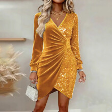 Vestido de mujer XL de terciopelo dorado con lentejuelas y escote en V cruzado