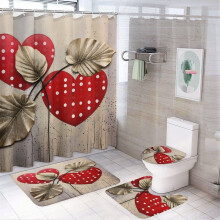 4-Pc Shower Curtain Set with Non-Slip Rugs, Toilet Mat & Lid Rug – Polka Dot Red Heart, Waterproof, Love-Themed Bathroom Decor