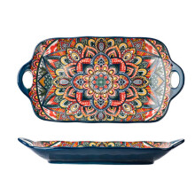 Bohemian Ceramic Rectangular Serving Platter - 12.6inch Large Capacity Dinner Plate with Double Handles