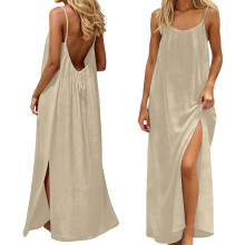 Vestido lencero sin mangas y con espalda descubierta para mujer, color beige, con abertura en el bajo.