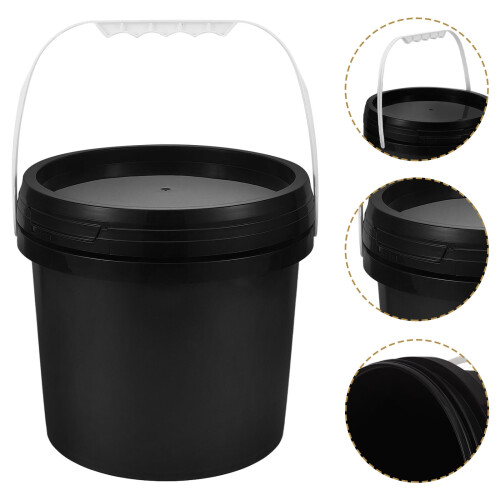 Black plastic paint bucket with lid and handle